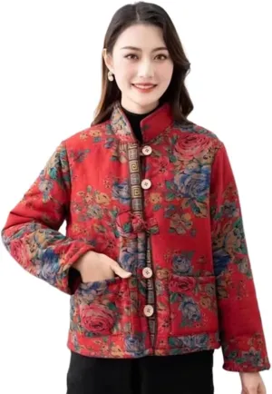 LIXINGHEITANG Winter retro buckle cotton coat women's ethnic style short pattern and color warm small cotton-padded jacket