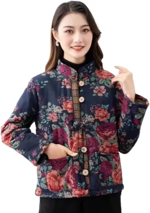 LIXINGHEITANG Winter retro buckle cotton coat women's ethnic style short pattern and color warm small cotton-padded jacket
