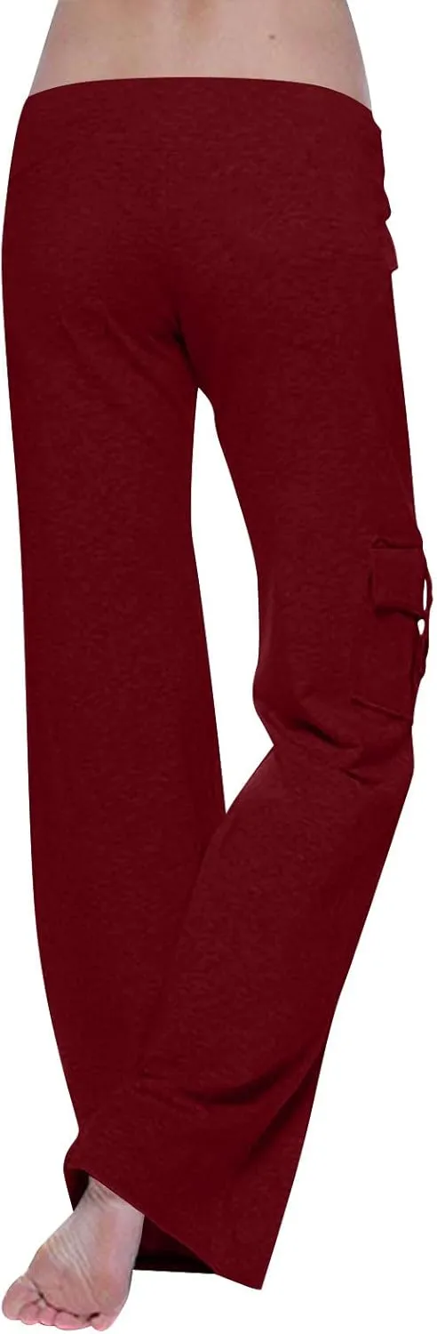 Lmdudan Women Cargo Pants High Waist Wide Leg Pants with Pockets Casual Button Stretch Yoga Workout Leggings Gym Sweatpants
