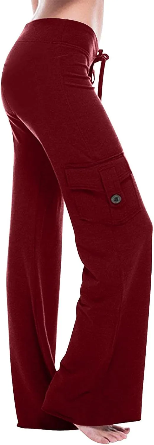 Lmdudan Women Cargo Pants High Waist Wide Leg Pants with Pockets Casual Button Stretch Yoga Workout Leggings Gym Sweatpants