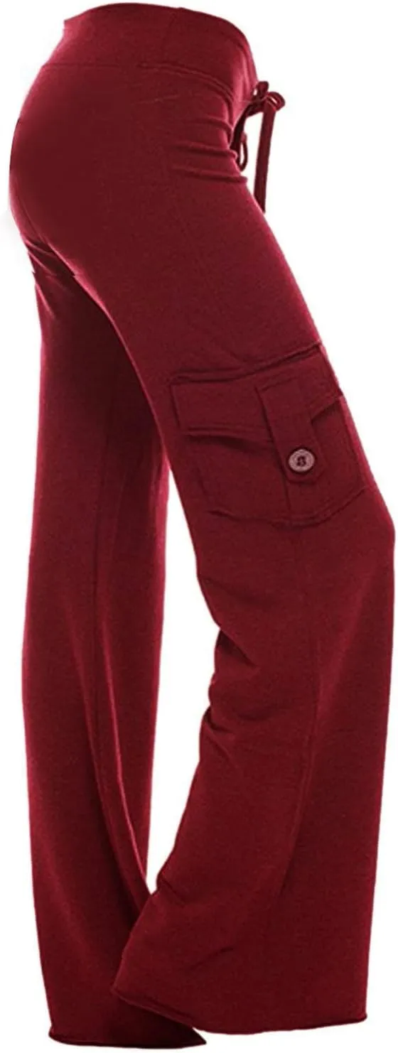 Lmdudan Women Cargo Pants High Waist Wide Leg Pants with Pockets Casual Button Stretch Yoga Workout Leggings Gym Sweatpants