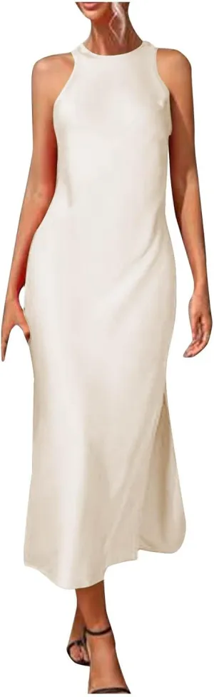Lmdudan Women's Bodycon Maxi Dresses Satin Lounge Tank Long Dresses Elegant Halter Neck Casual Sleeveless Summer Dress