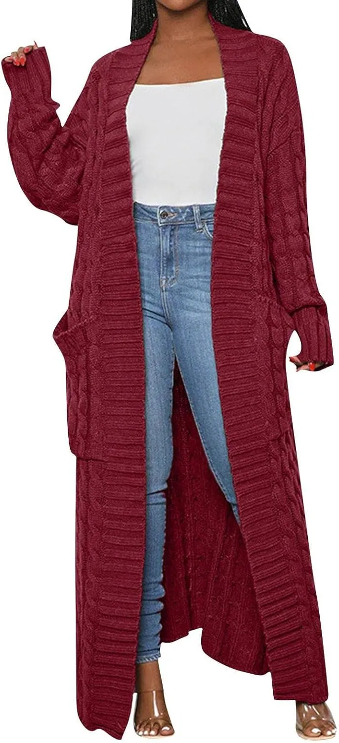 Long Cardigan for Women Long Sleeve Cable Knit Loose Plain Fall Winter Trench Coat with Pocket Autumn Ankle Length