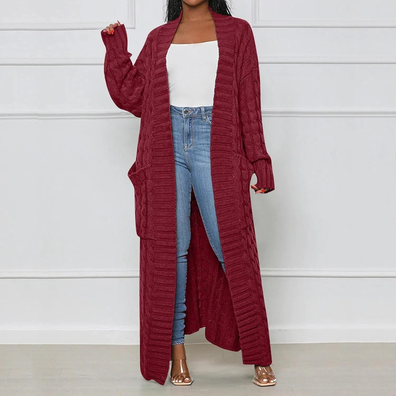 Long Cardigan for Women Long Sleeve Cable Knit Loose Plain Fall Winter Trench Coat with Pocket Autumn Ankle Length