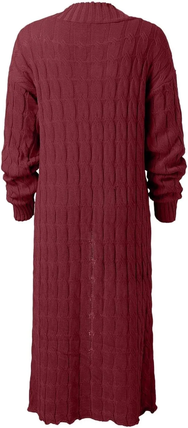 Long Cardigan for Women Long Sleeve Cable Knit Loose Plain Fall Winter Trench Coat with Pocket Autumn Ankle Length