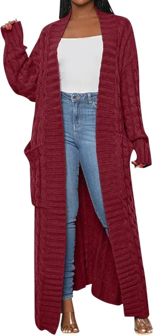 Long Cardigan for Women Long Sleeve Cable Knit Loose Plain Fall Winter Trench Coat with Pocket Autumn Ankle Length