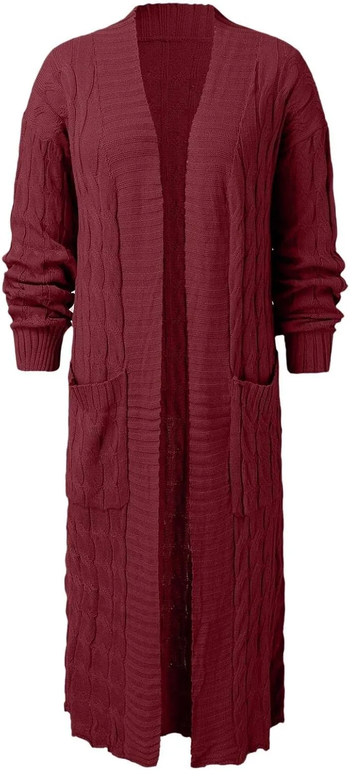 Long Cardigan for Women Long Sleeve Cable Knit Loose Plain Fall Winter Trench Coat with Pocket Autumn Ankle Length
