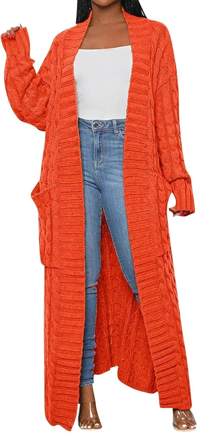 Long Cardigan for Women Long Sleeve Cable Knit Loose Plain Fall Winter Trench Coat with Pocket Autumn Open Front Casual