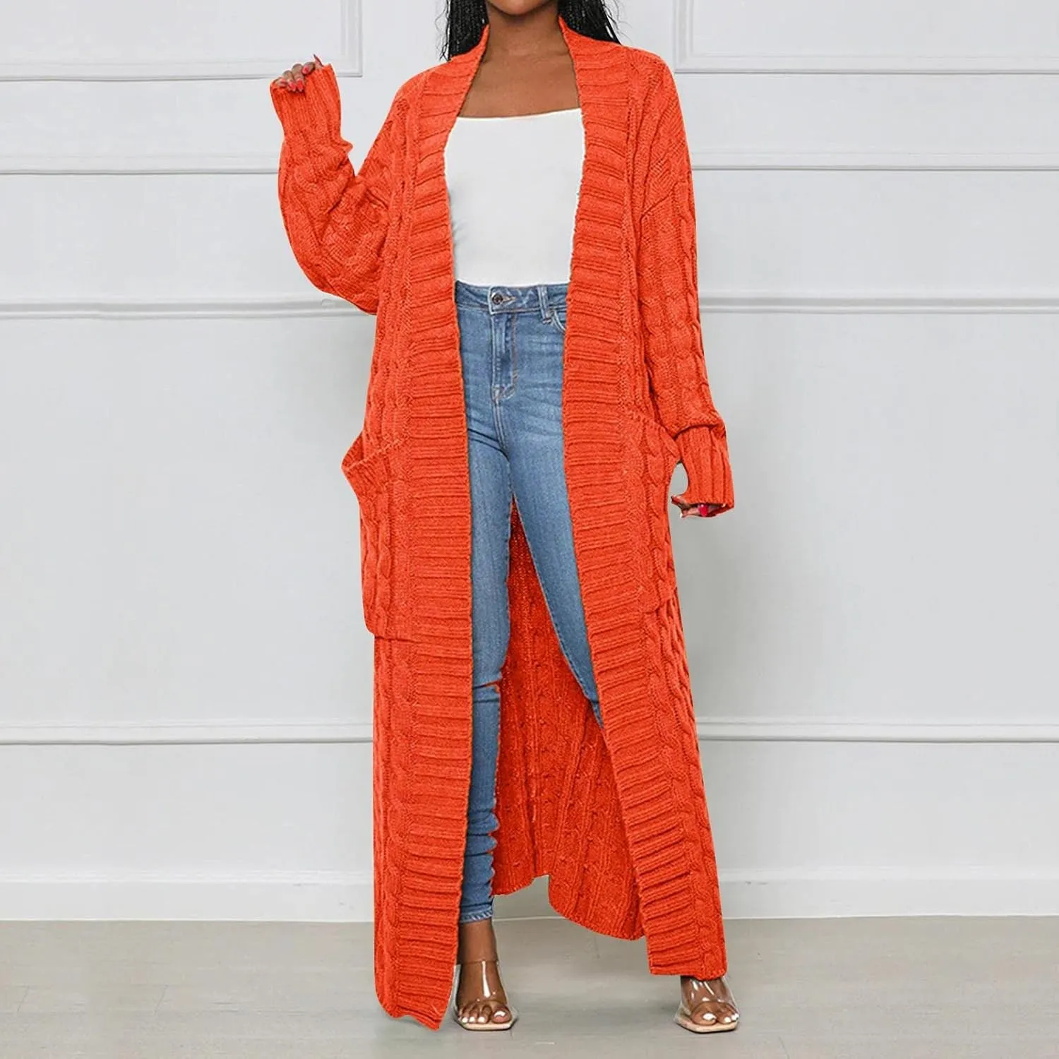 Long Cardigan for Women Long Sleeve Cable Knit Loose Plain Fall Winter Trench Coat with Pocket Autumn Open Front Casual