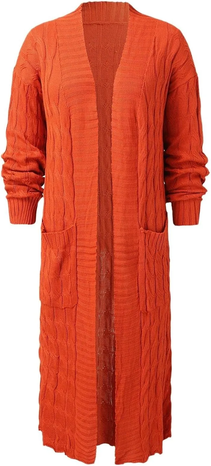 Long Cardigan for Women Long Sleeve Cable Knit Loose Plain Fall Winter Trench Coat with Pocket Autumn Open Front Casual