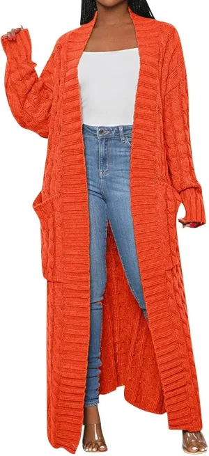 Long Cardigan for Women Long Sleeve Cable Knit Loose Plain Fall Winter Trench Coat with Pocket Autumn Open Front Casual