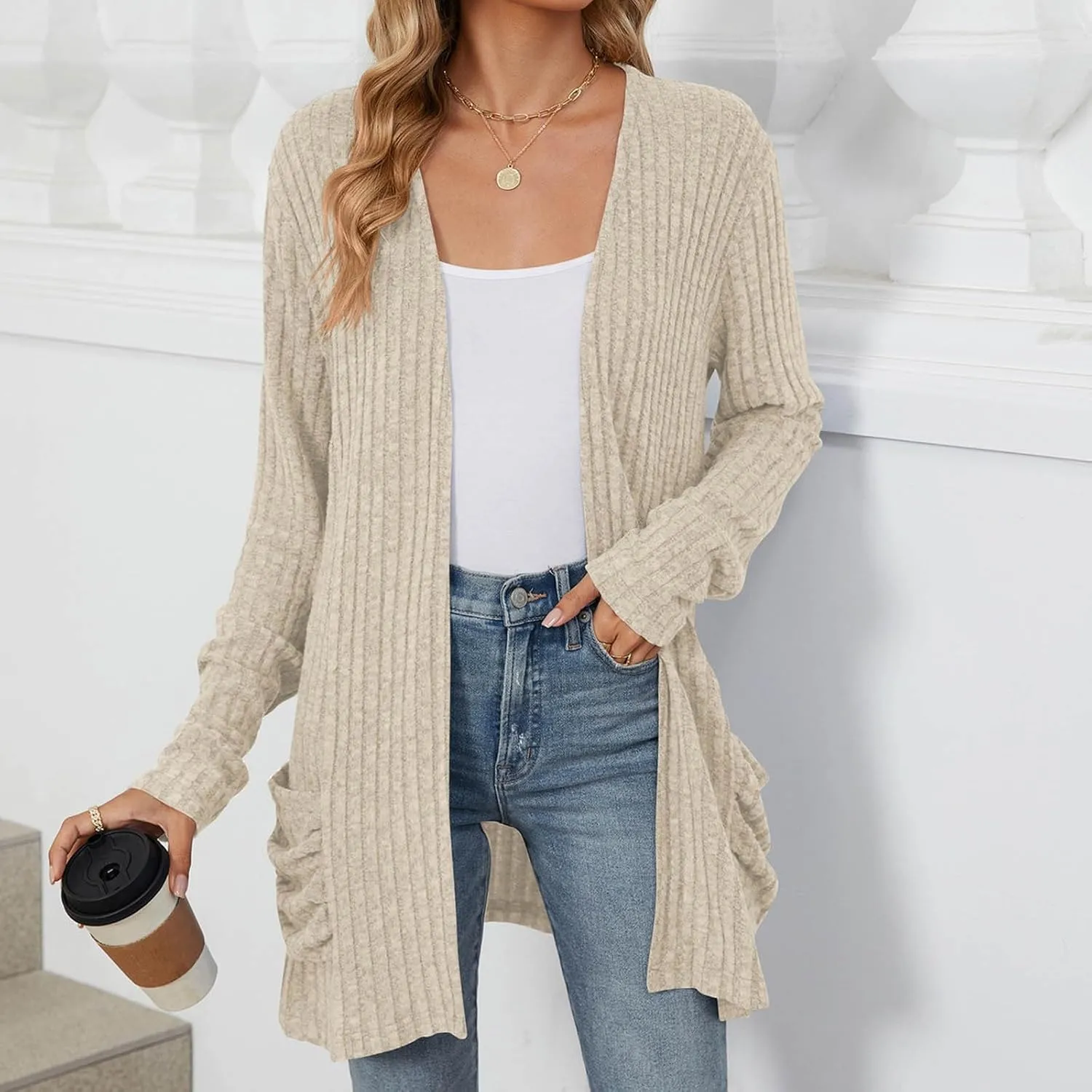 Long Cardigans For Women Trendy Draped Long Sleeve Open Front Cardigan Sweaters Oversized Knit Cardigan With Pockets