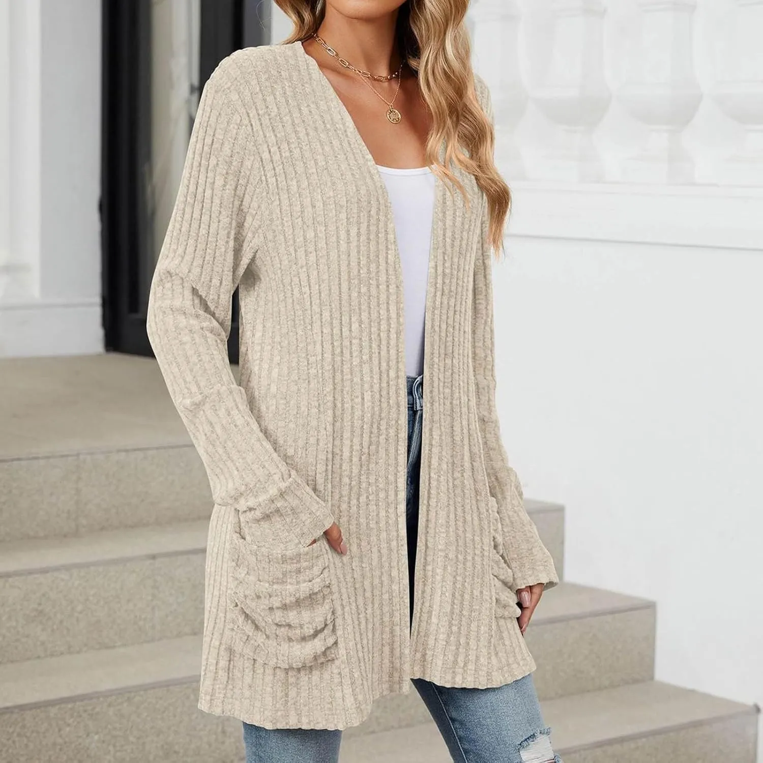 Long Cardigans For Women Trendy Draped Long Sleeve Open Front Cardigan Sweaters Oversized Knit Cardigan With Pockets