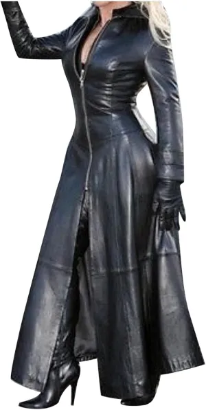 Long Leather Jacket Women Fall Winter Coats Sexy Solid Windbreaker Zipper Trench Jackets Slim Outwear
