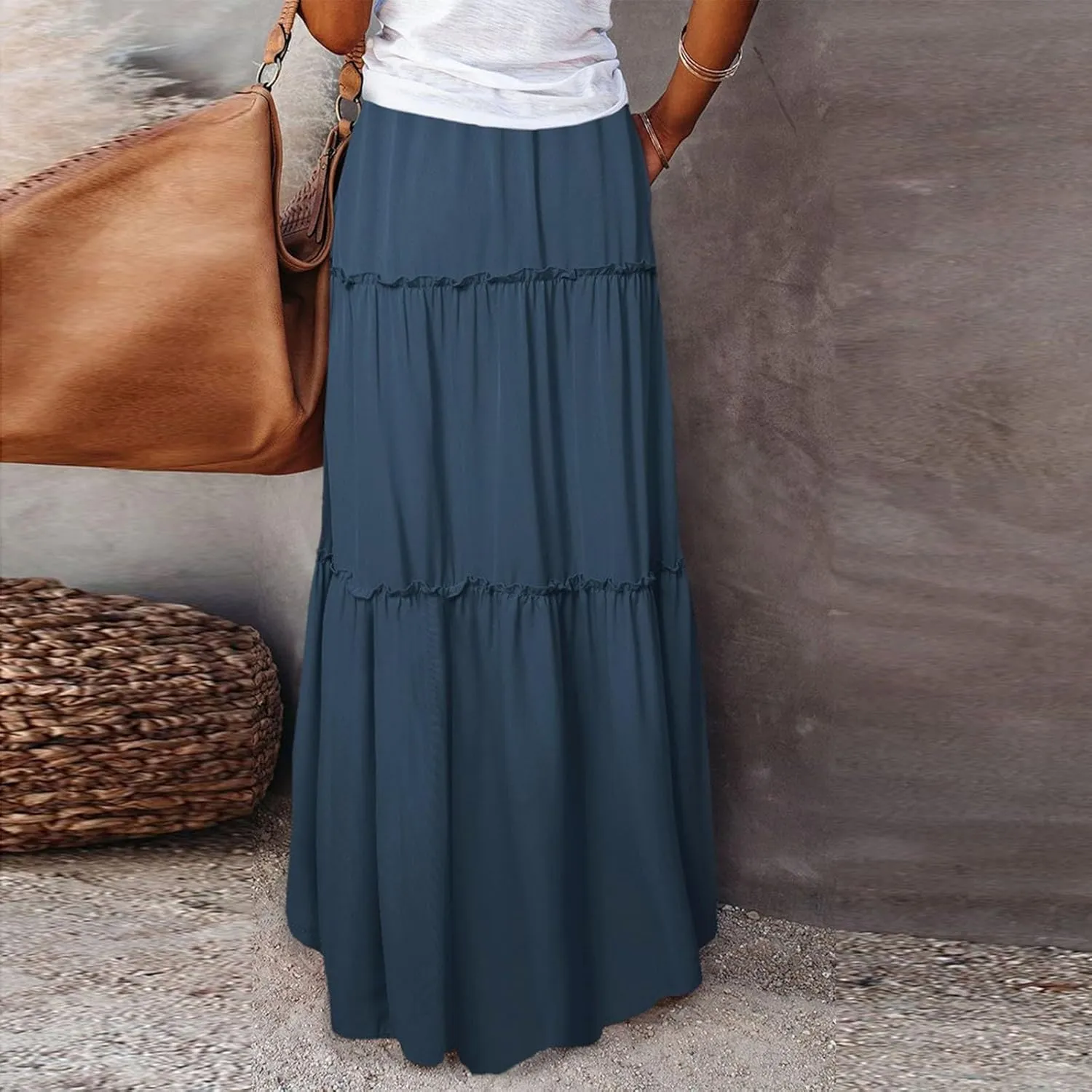 Long Skirts for Women A Line Ruffle Tiered Pleated Flowy Maxi Skirt with Pockets Casual High Waisted Modest Skirts