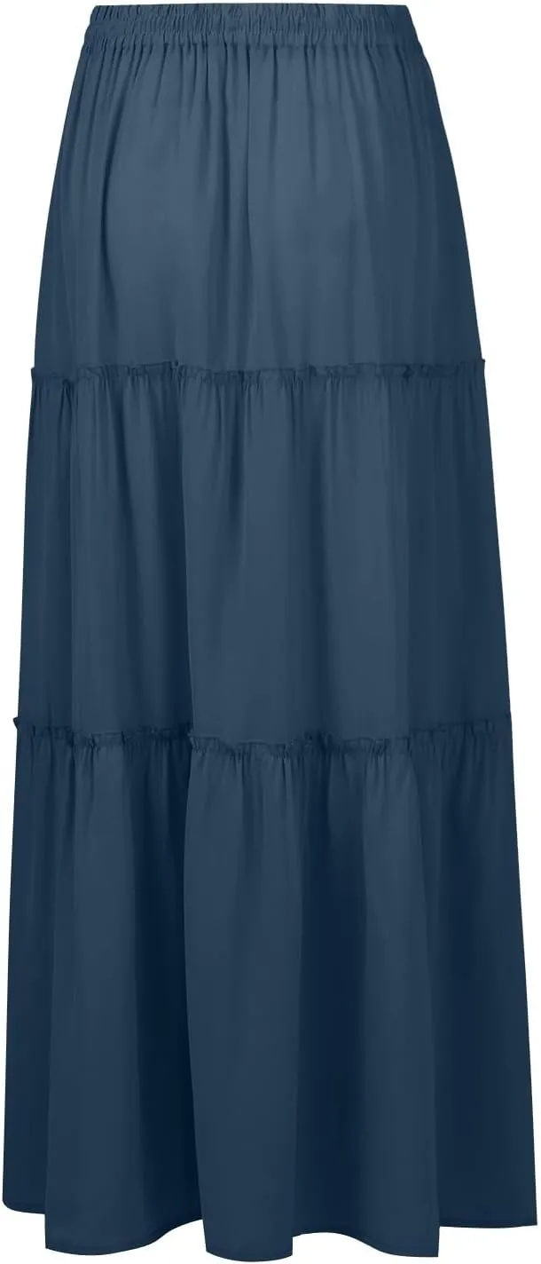 Long Skirts for Women A Line Ruffle Tiered Pleated Flowy Maxi Skirt with Pockets Casual High Waisted Modest Skirts