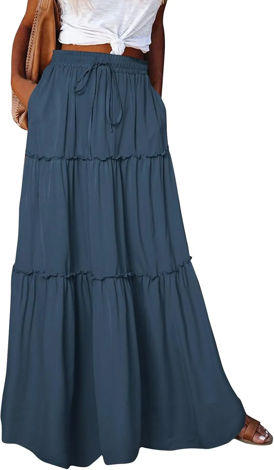 Long Skirts for Women A Line Ruffle Tiered Pleated Flowy Maxi Skirt with Pockets Casual High Waisted Modest Skirts