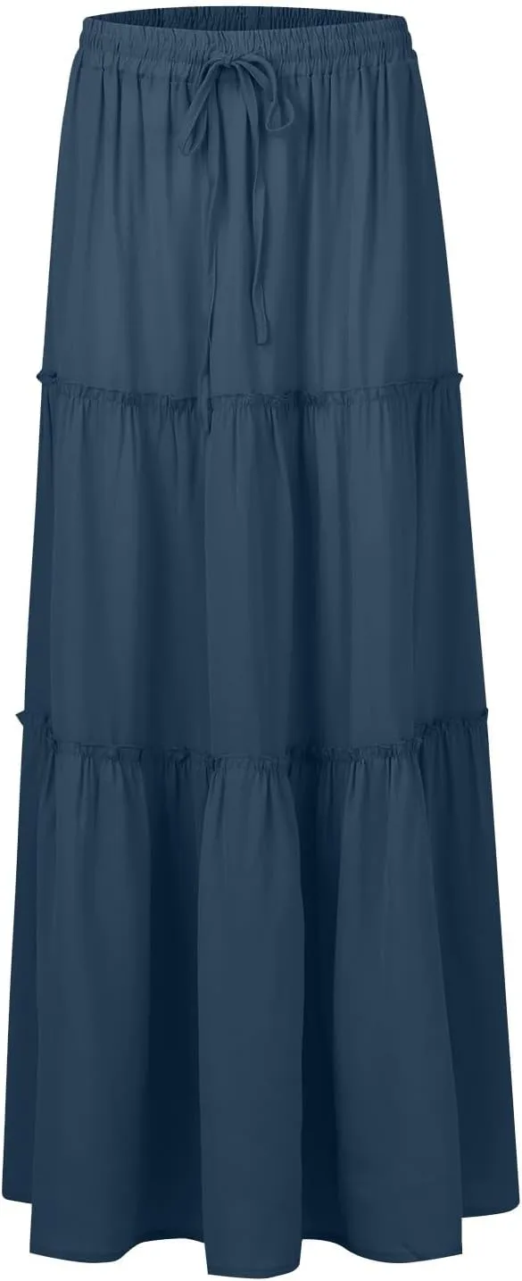 Long Skirts for Women A Line Ruffle Tiered Pleated Flowy Maxi Skirt with Pockets Casual High Waisted Modest Skirts