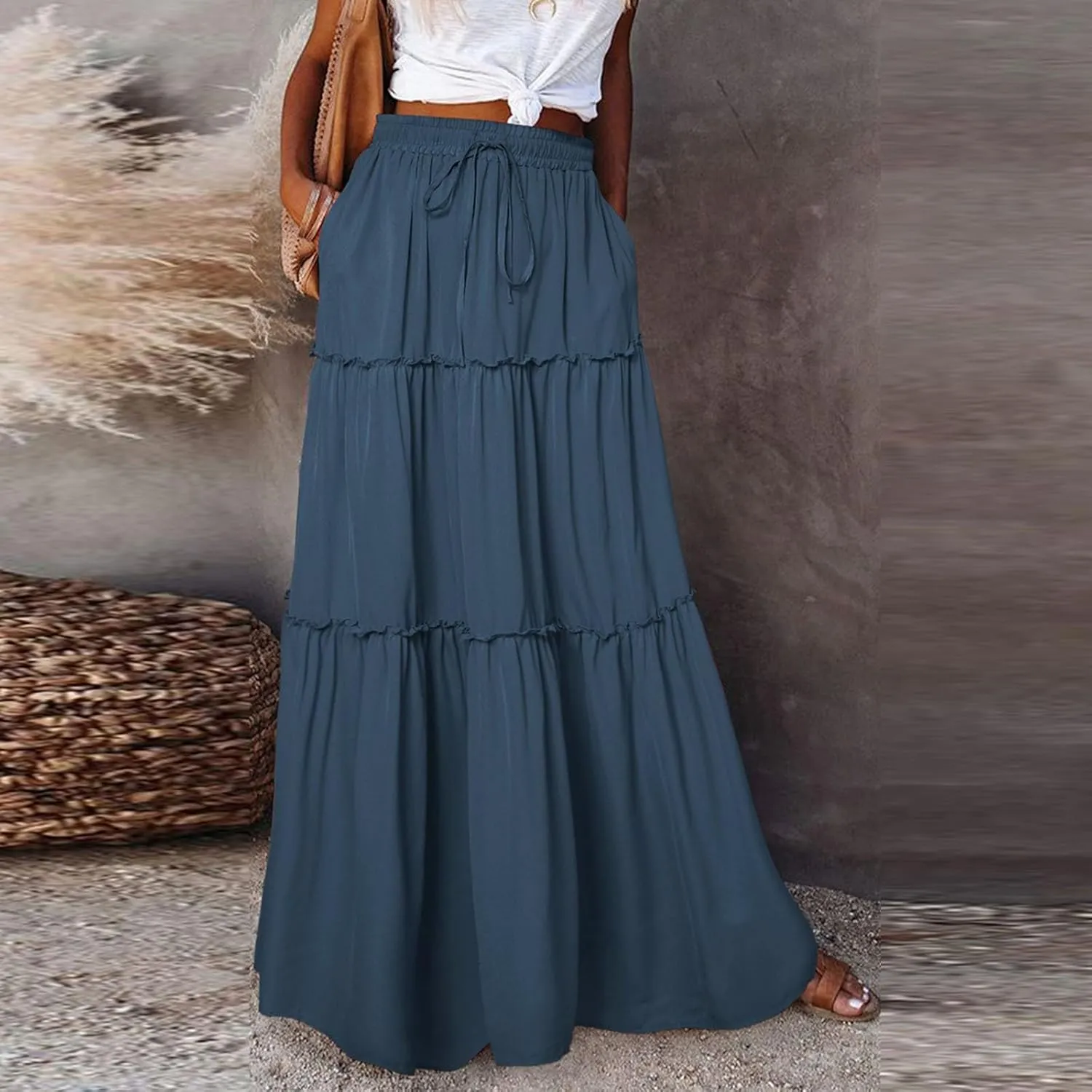Long Skirts for Women A Line Ruffle Tiered Pleated Flowy Maxi Skirt with Pockets Casual High Waisted Modest Skirts