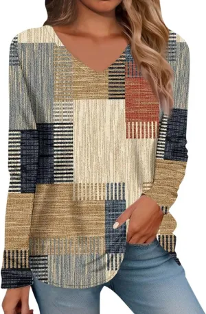 Long Sleeve Shirts for Women Cotton Blouses Dressy Casual Fall 2025 V Neck Spring Tops Floral Print Tees Clothing