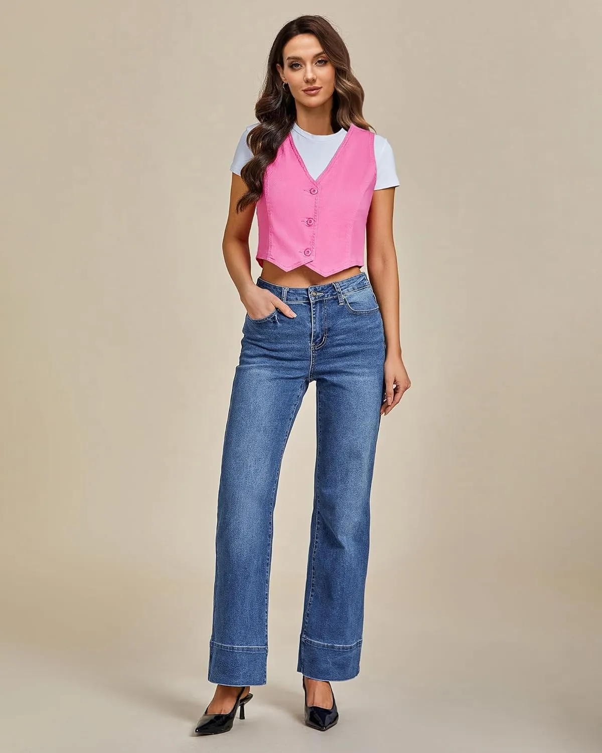 LookbookStore Denim Vest for Women Trendy Sleeveless Cropped Stretchy Jean Vests Top Summer Casual Button Wasitcoat Tops