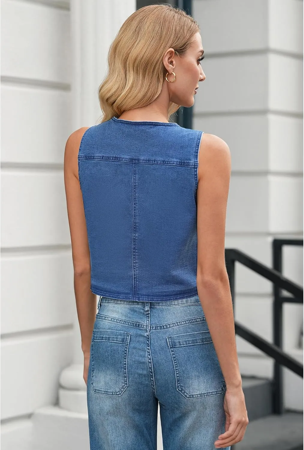LookbookStore Denim Vest for Women Trendy Sleeveless Cropped Stretchy Jean Vests Top Summer Casual Button Wasitcoat Tops