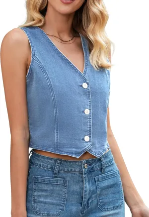 LookbookStore Denim Vest for Women Trendy Sleeveless Cropped Stretchy Jean Vests Top Summer Casual Button Wasitcoat Tops