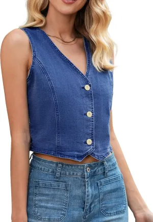 LookbookStore Denim Vest for Women Trendy Sleeveless Cropped Stretchy Jean Vests Top Summer Casual Button Wasitcoat Tops