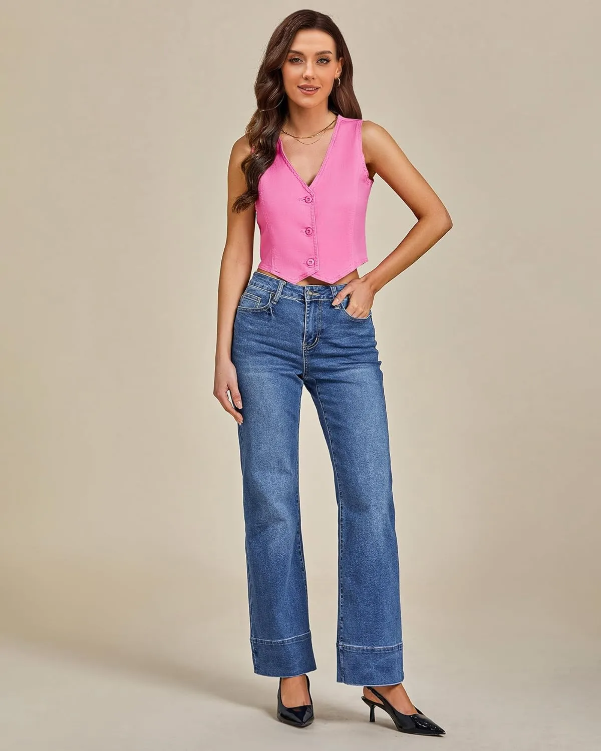 LookbookStore Denim Vest for Women Trendy Sleeveless Cropped Stretchy Jean Vests Top Summer Casual Button Wasitcoat Tops