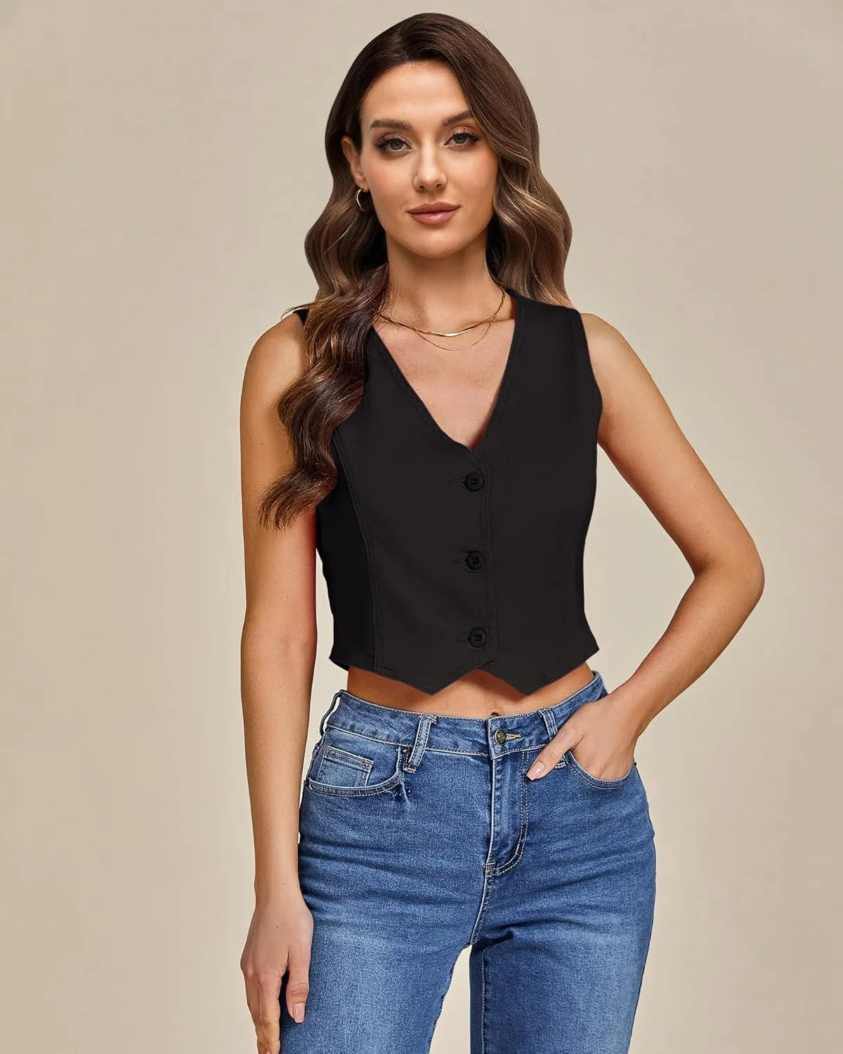 LookbookStore Denim Vest for Women Trendy Sleeveless Cropped Stretchy Jean Vests Top Summer Casual Button Wasitcoat Tops