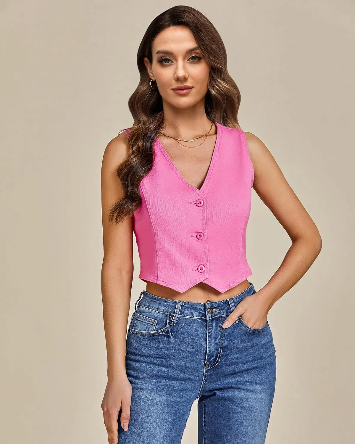 LookbookStore Denim Vest for Women Trendy Sleeveless Cropped Stretchy Jean Vests Top Summer Casual Button Wasitcoat Tops
