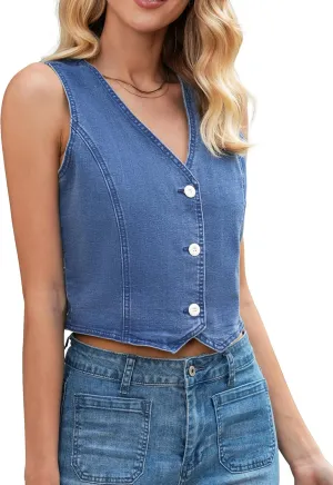 LookbookStore Denim Vest for Women Trendy Sleeveless Cropped Stretchy Jean Vests Top Summer Casual Button Wasitcoat Tops