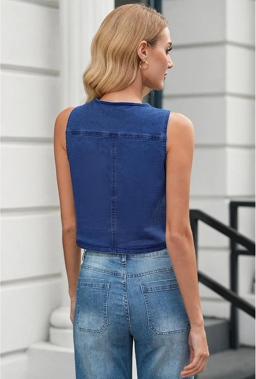 LookbookStore Denim Vest for Women Trendy Sleeveless Cropped Stretchy Jean Vests Top Summer Casual Button Wasitcoat Tops