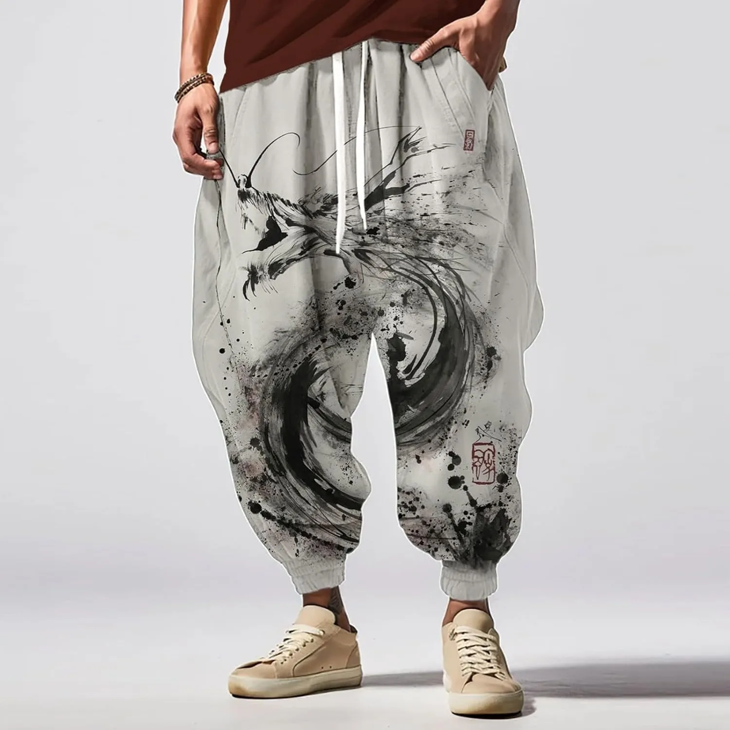 Loose Elastic Waist Drawstring Street Feel Casual Sweatpants Black Harem Pants Men Mens Pants White Harem Men's