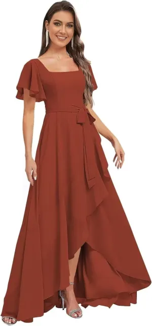 Loyeloy Women's Square Neck Ruffles Bridesmaid Dresses with Pockets 2025 Flutter Sleeves Aline Chiffon Formal Party Dress