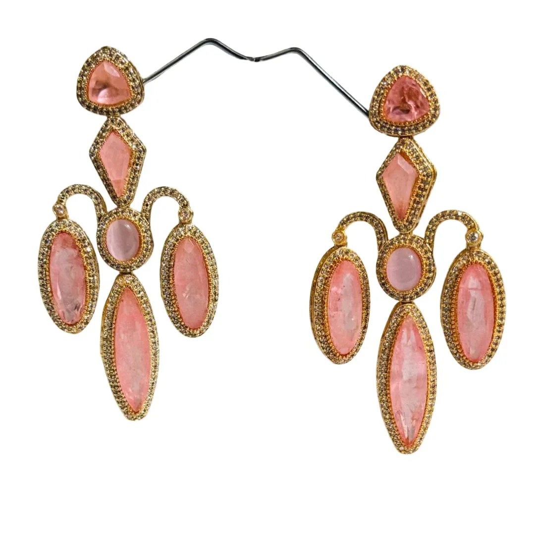 Luxury Crystal Chandelier Drop Earrings for Women ?C Pink Gemstone with AD Stone Doublet in Gold-Tone Frame ?C Statement Dangle Earrings for Weddings & Evening Wear