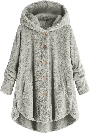 maisdgop Fleece Jacket Women Long Sleeve Sherpa Hooded Coats Winter Fall Warm Fuzzy Jackets Plus Size Button Plush Outerwear