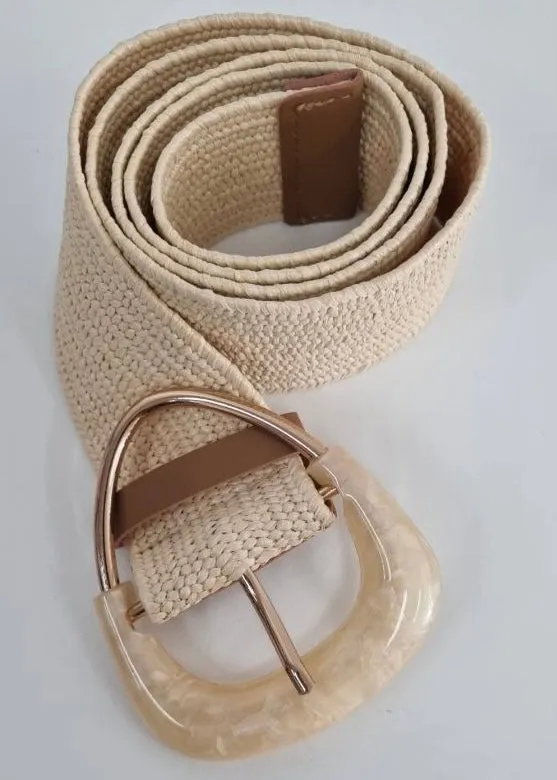 Marble Buckle Stretch Braided  Belt - Beige