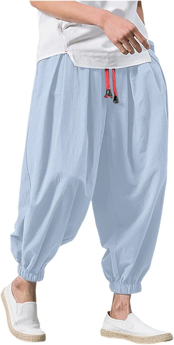 Men Casual Harem Pants Drop Crotch Plus Size Tapered Pants Elastic Waist Drawstring Loose Fit Slacks Hip Hop Trousers