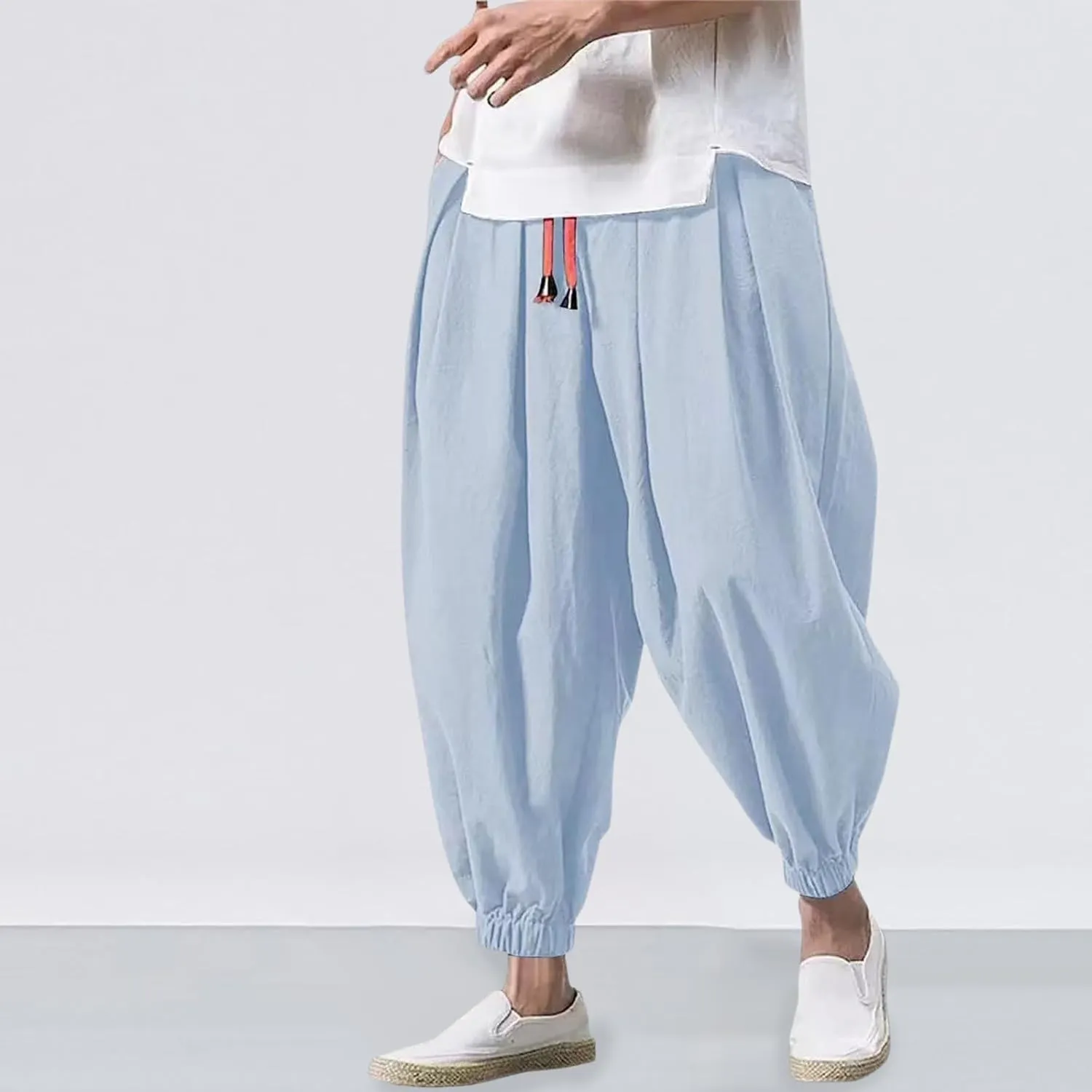 Men Casual Harem Pants Drop Crotch Plus Size Tapered Pants Elastic Waist Drawstring Loose Fit Slacks Hip Hop Trousers