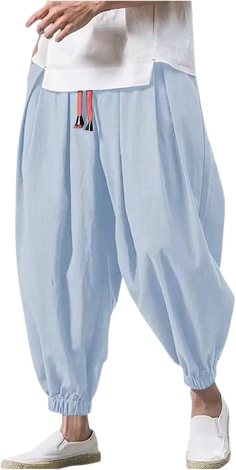 Men Casual Harem Pants Drop Crotch Plus Size Tapered Pants Elastic Waist Drawstring Loose Fit Slacks Hip Hop Trousers