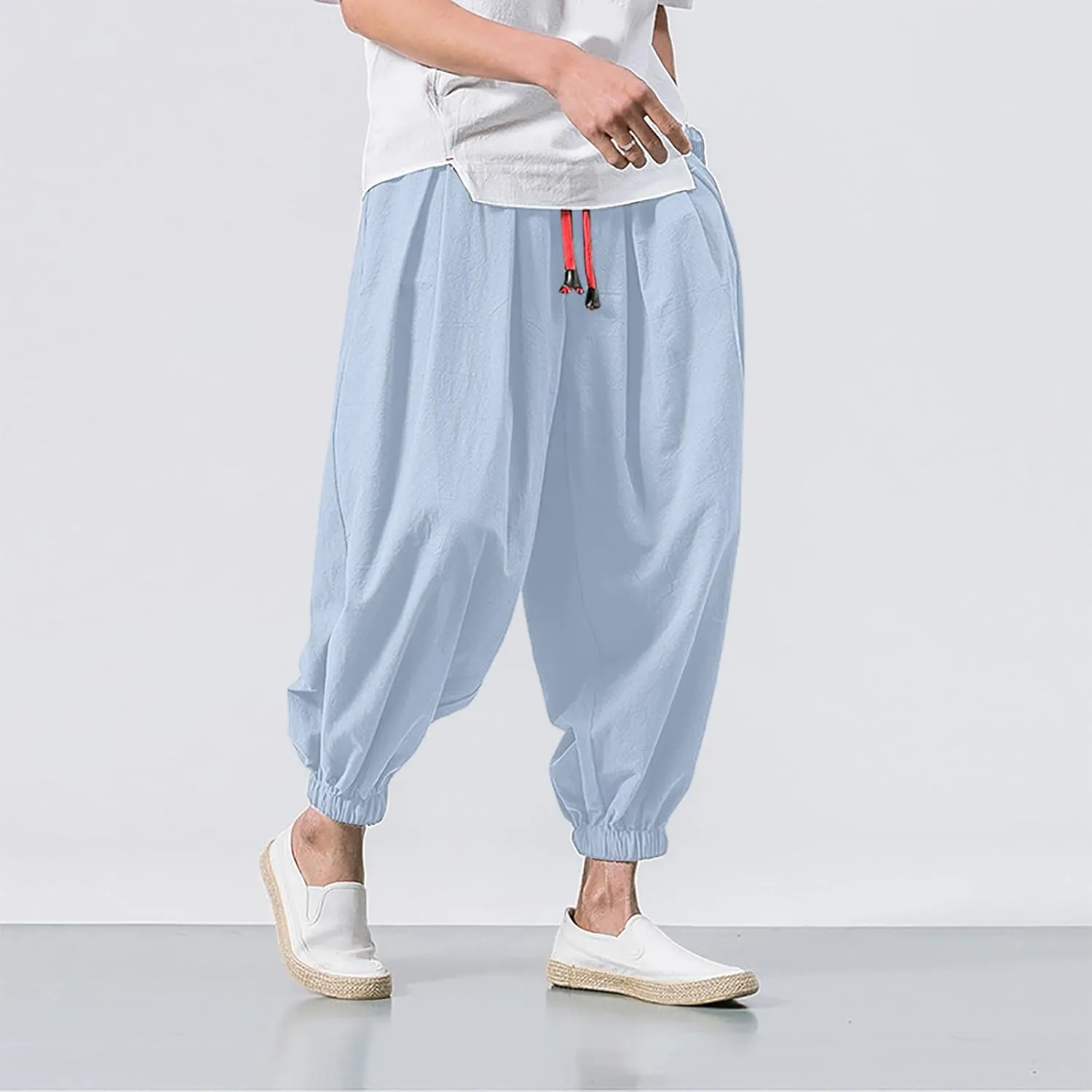 Men Casual Harem Pants Drop Crotch Plus Size Tapered Pants Elastic Waist Drawstring Loose Fit Slacks Hip Hop Trousers
