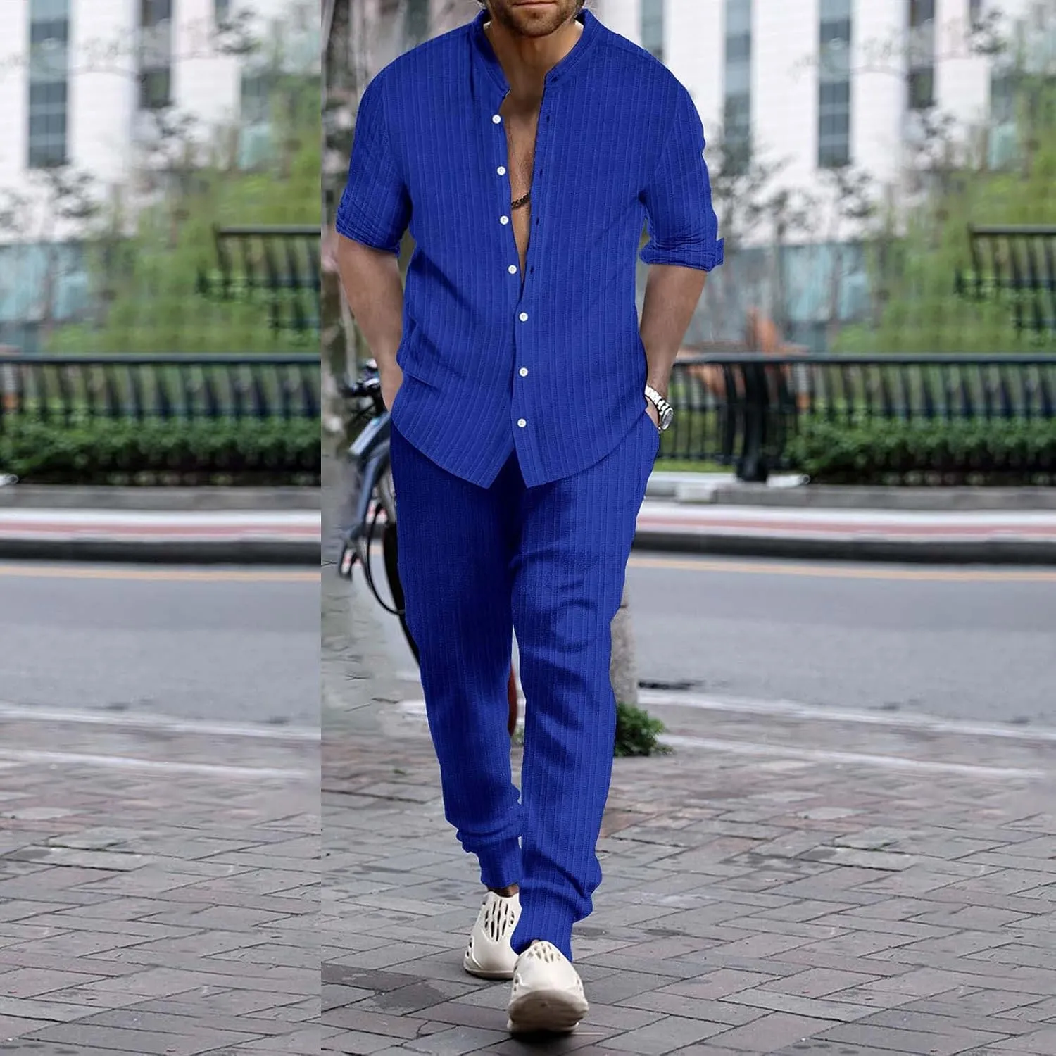 Men Casual Outfits Long Sleeve Button Shirt & Pull On Tapered Trousers Set Spring and Summer Lightweight Solid Versatile Suit