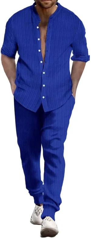 Men Casual Outfits Long Sleeve Button Shirt & Pull On Tapered Trousers Set Spring and Summer Lightweight Solid Versatile Suit