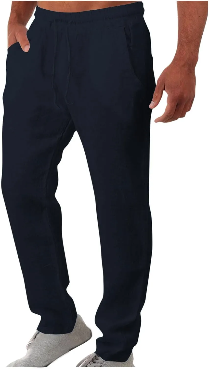 Men Linen Pants Slim Fit Cotton Casual Lightweight Elastic Waist Summer Beach Drawstring Trousers with Pockets