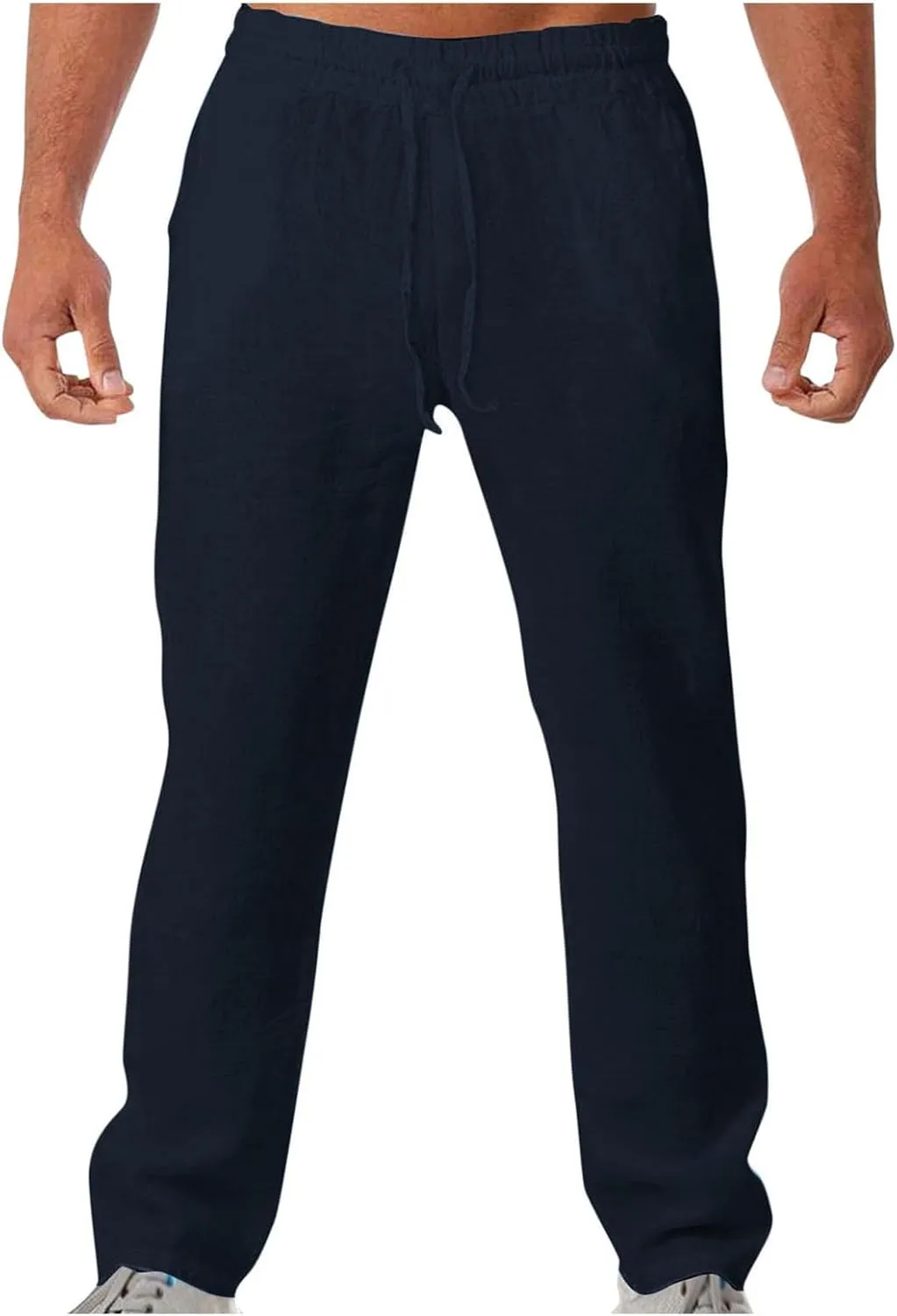 Men Linen Pants Slim Fit Cotton Casual Lightweight Elastic Waist Summer Beach Drawstring Trousers with Pockets