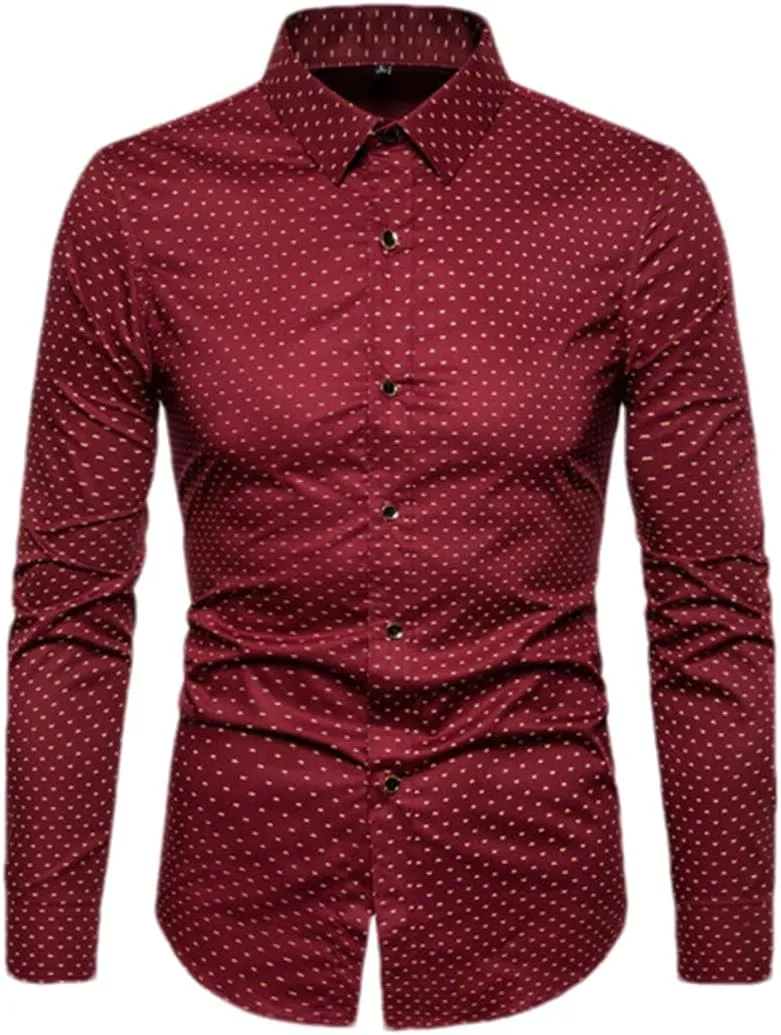 Men Slim Fit Long Sleeve Shirt Print Polka Dot Lapel Autumn Casual Shirt