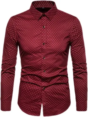 Men Slim Fit Long Sleeve Shirt Print Polka Dot Lapel Autumn Casual Shirt