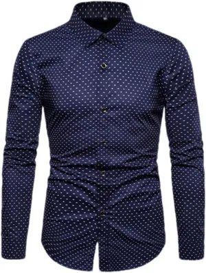 Men Slim Fit Long Sleeve Shirt Print Polka Dot Lapel Autumn Casual Shirt