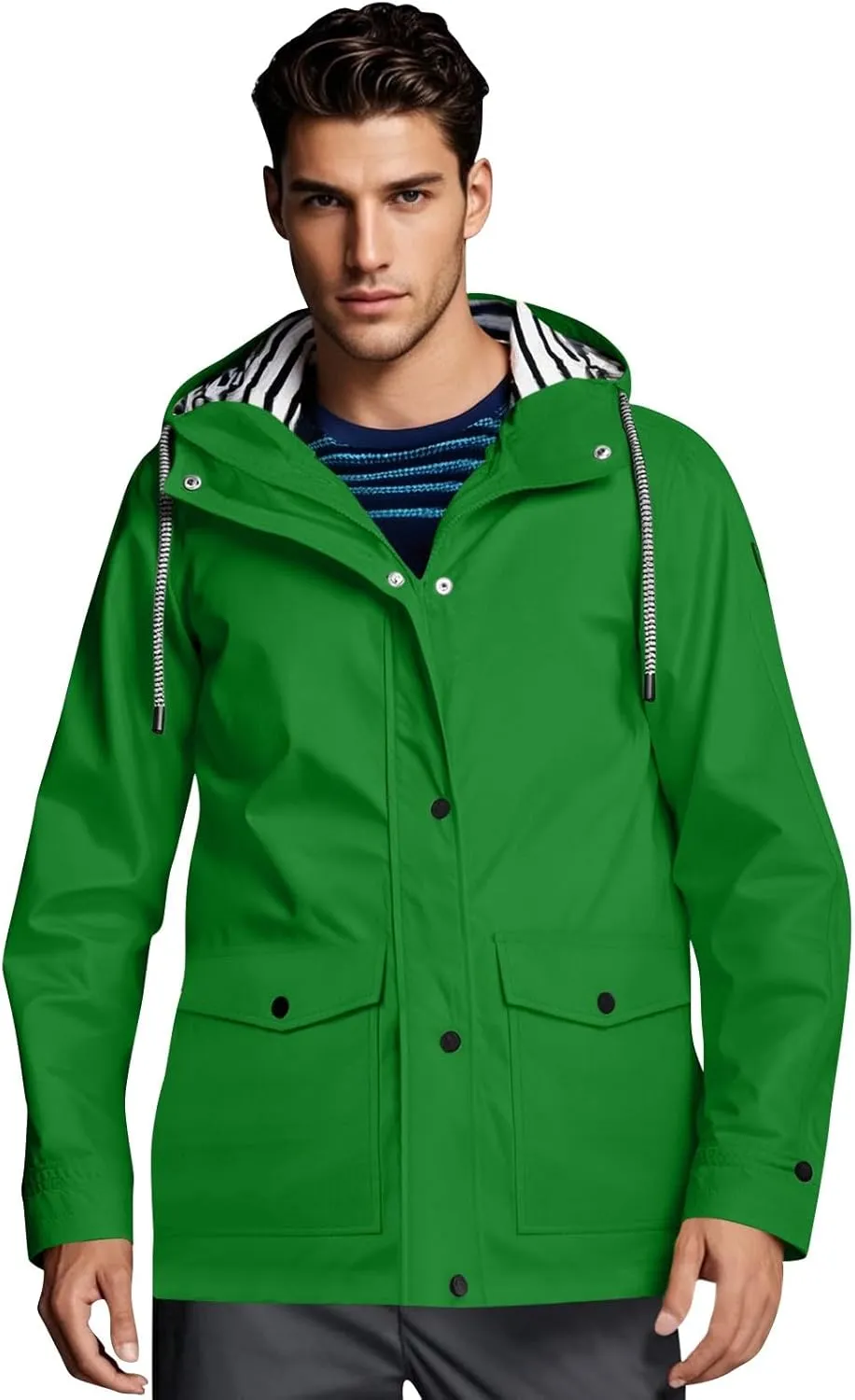 Men Waterproof Jacket Zip Up Hoodie Plus Size Long Sleeve Solid Button Windproof Outdoor Coat with Pocket